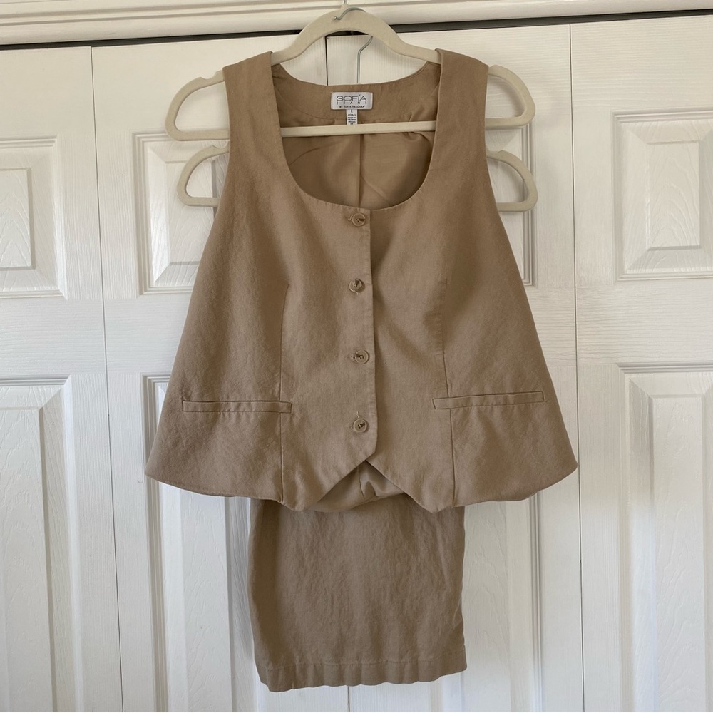 Sofia Vergara Beige Linen Vest & Pant Set | Neutral Two‑Piece | L